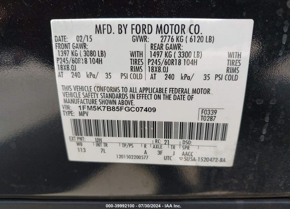 2015 FORD EXPLORER VIN: 1FM5K7B85FGC07409