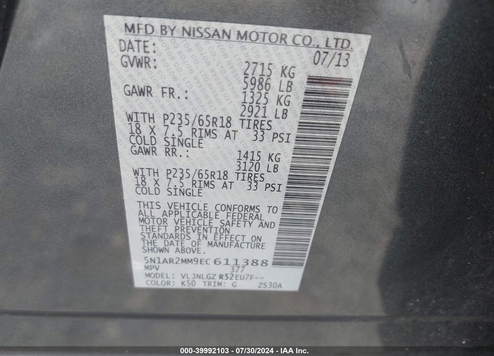 2014 NISSAN PATHFINDER SL VIN: 5N1AR2MM9EC611388