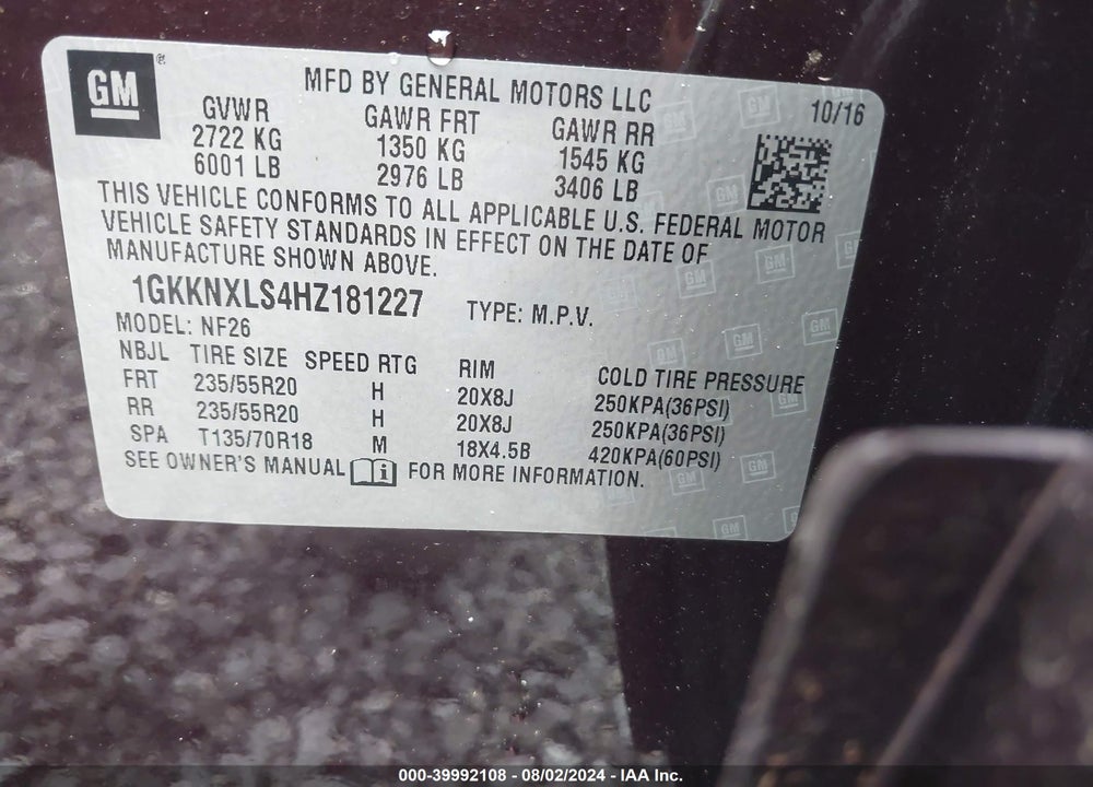 2017 GMC ACADIA DENALI VIN: 1GKKNXLS4HZ181227