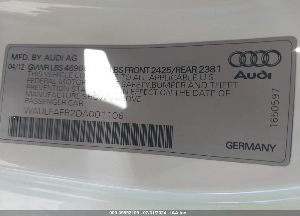 2013 AUDI A5 2.0T PREMIUM VIN: WAULFAFR2DA001106