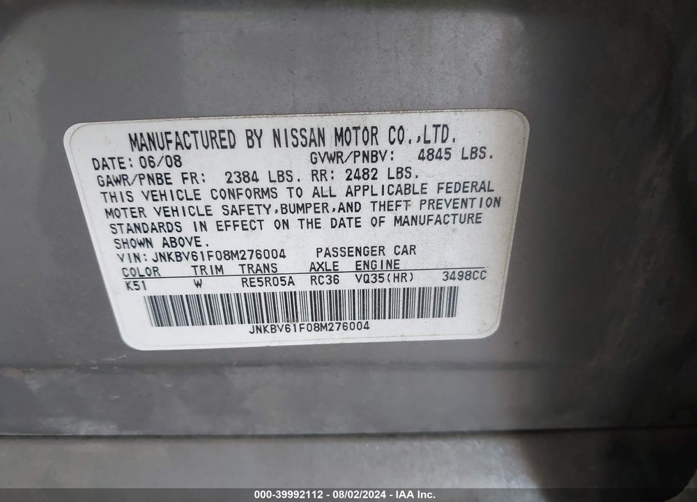 2008 INFINITI G35X VIN: JNKBV61F08M276004
