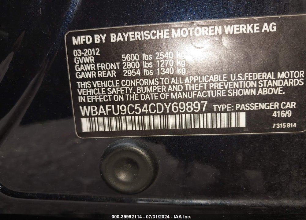 2012 BMW 550I XDRIVE VIN: WBAFU9C54CDY69897