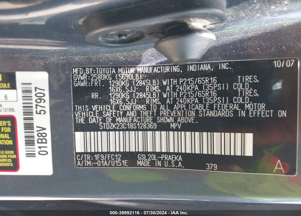 2008 TOYOTA SIENNA LE VIN: 5TDZK23C18S128369