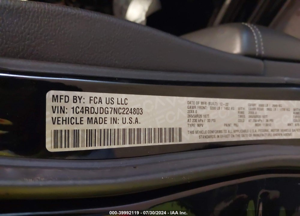 2022 DODGE DURANGO GT PLUS AWD VIN: 1C4RDJDG7NC224803