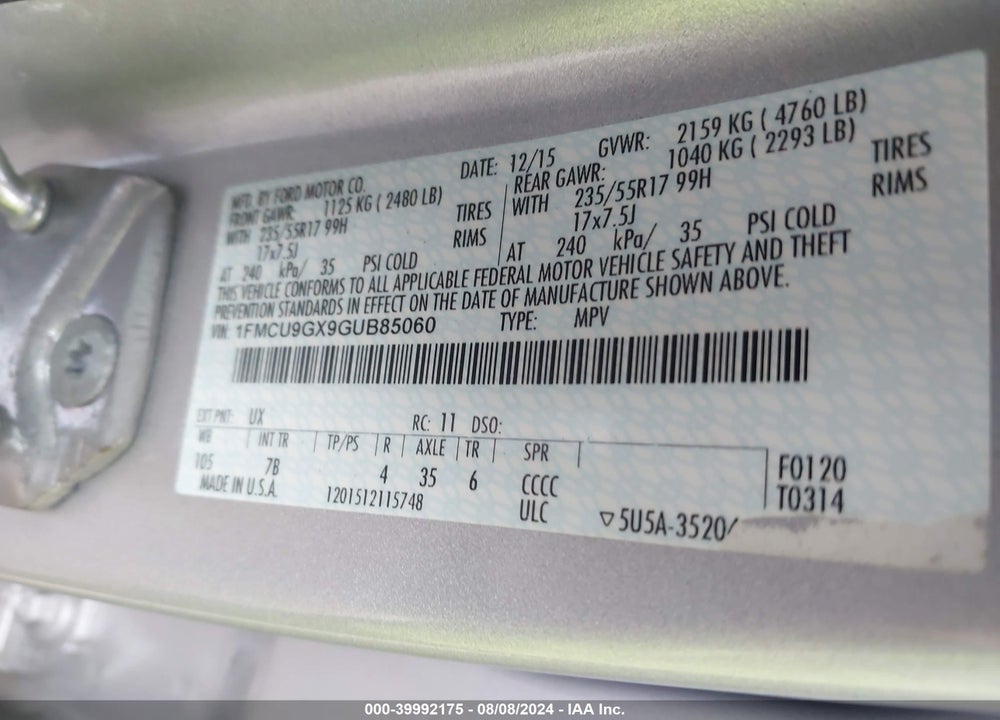 2016 FORD ESCAPE SE VIN: 1FMCU9GX9GUB85060