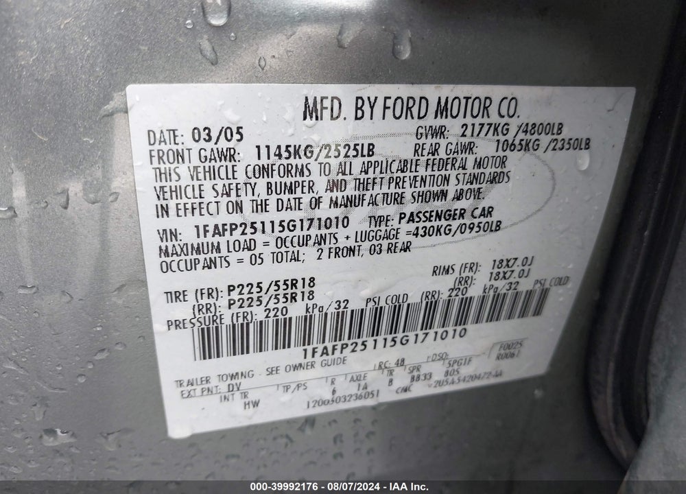 2005 FORD FIVE HUNDRED LIMITED VIN: 1FAFP25115G171010