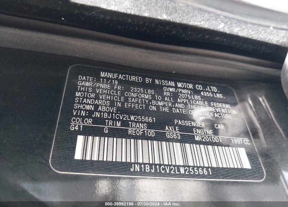2020 NISSAN ROGUE SPORT SV FWD XTRONIC CVT VIN: JN1BJ1CV2LW255661