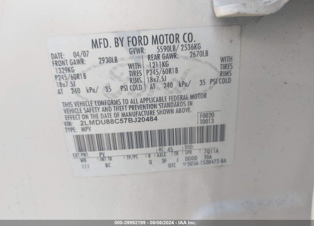2007 LINCOLN MKX VIN: 2LMDU88C57BJ20484