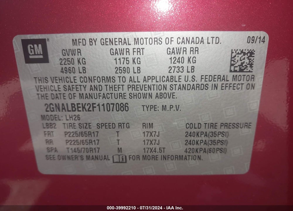 2015 CHEVROLET EQUINOX 1LT VIN: 2GNALBEK2F1107086