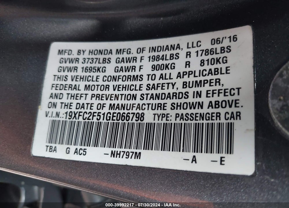 2016 HONDA CIVIC LX VIN: 19XFC2F51GE066798