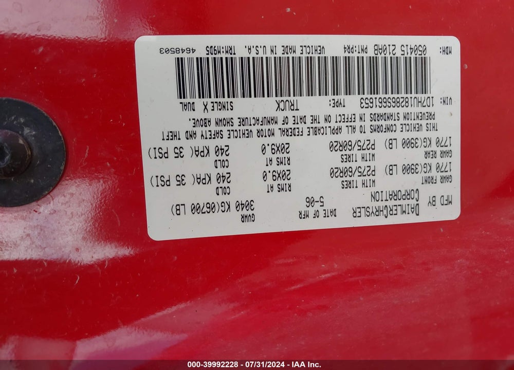 2006 DODGE RAM 1500 SLT/TRX4 OFF ROAD/SPORT VIN: 1D7HU18286S661653