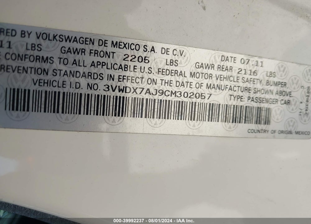 2012 VOLKSWAGEN JETTA 2.5L SE VIN: 3VWDX7AJ9CM302057