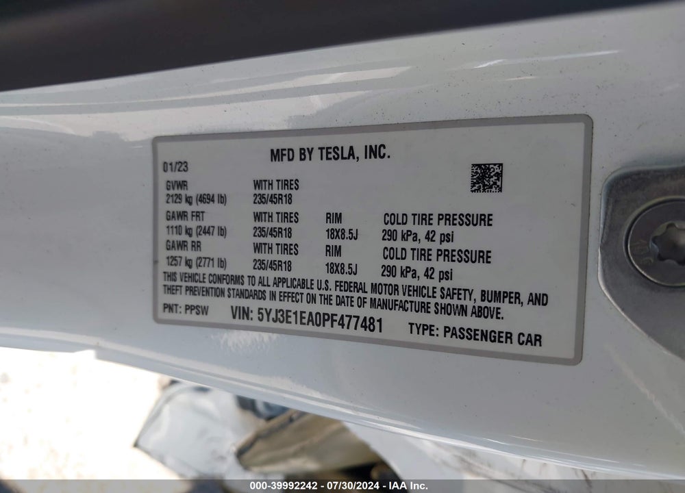 2023 TESLA MODEL 3 REAR-WHEEL DRIVE VIN: 5YJ3E1EA0PF477481