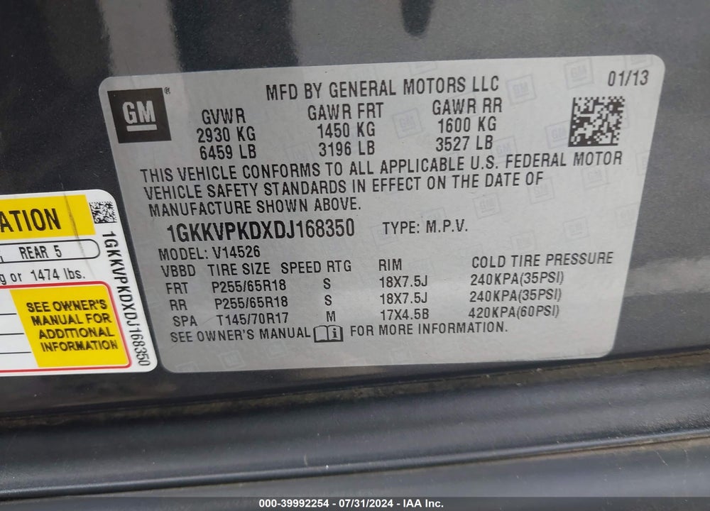 2013 GMC ACADIA SLE-2 VIN: 1GKKVPKDXDJ168350
