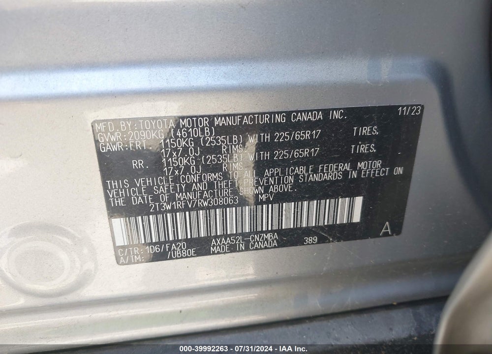 2024 TOYOTA RAV4 XLE VIN: 2T3W1RFV7RW308063