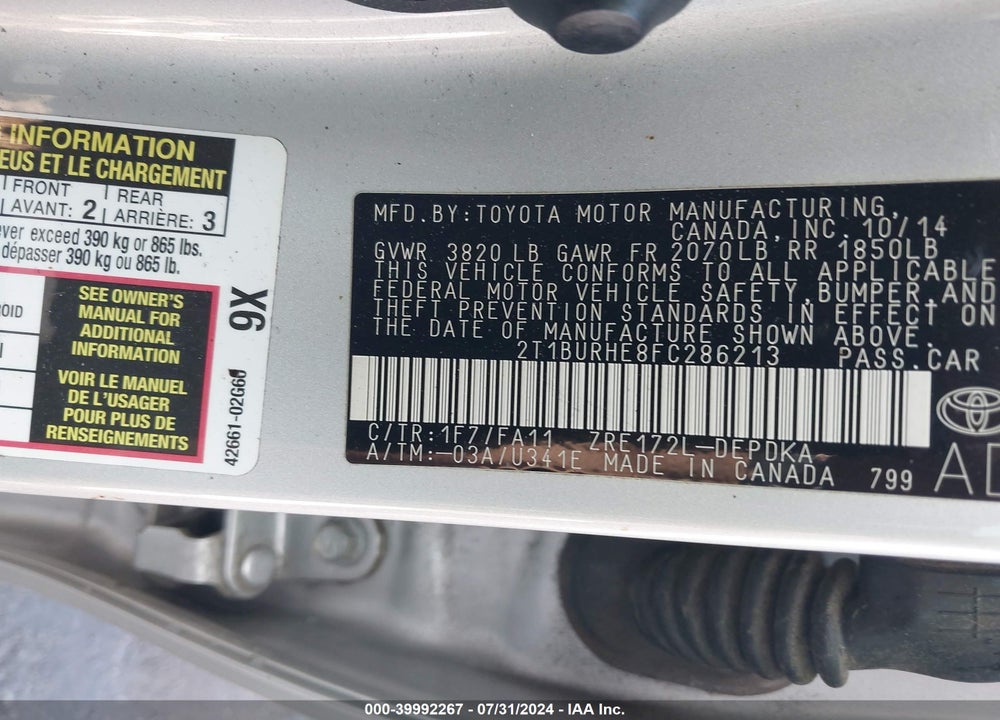 2015 TOYOTA COROLLA L VIN: 2T1BURHE8FC286213