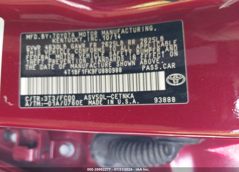 2015 TOYOTA CAMRY LE VIN: 4T1BF1FK9FU880988