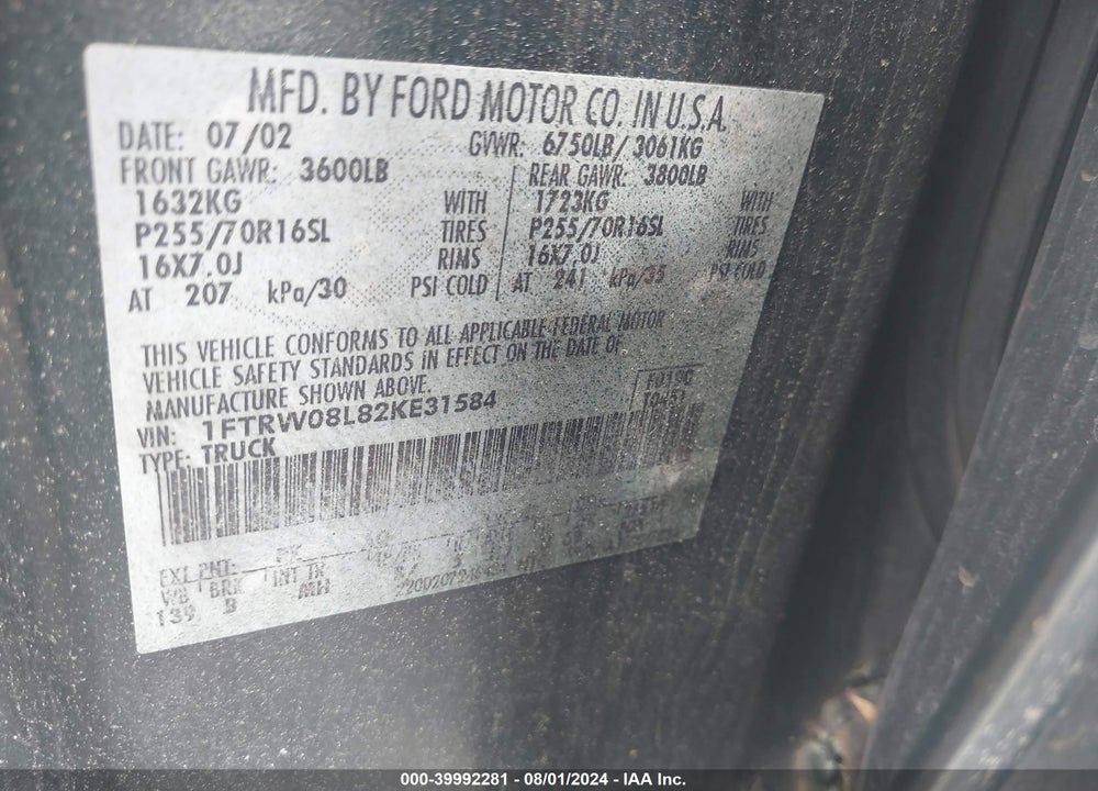 2002 FORD F-150 LARIAT/XLT VIN: 1FTRW08L82KE31584