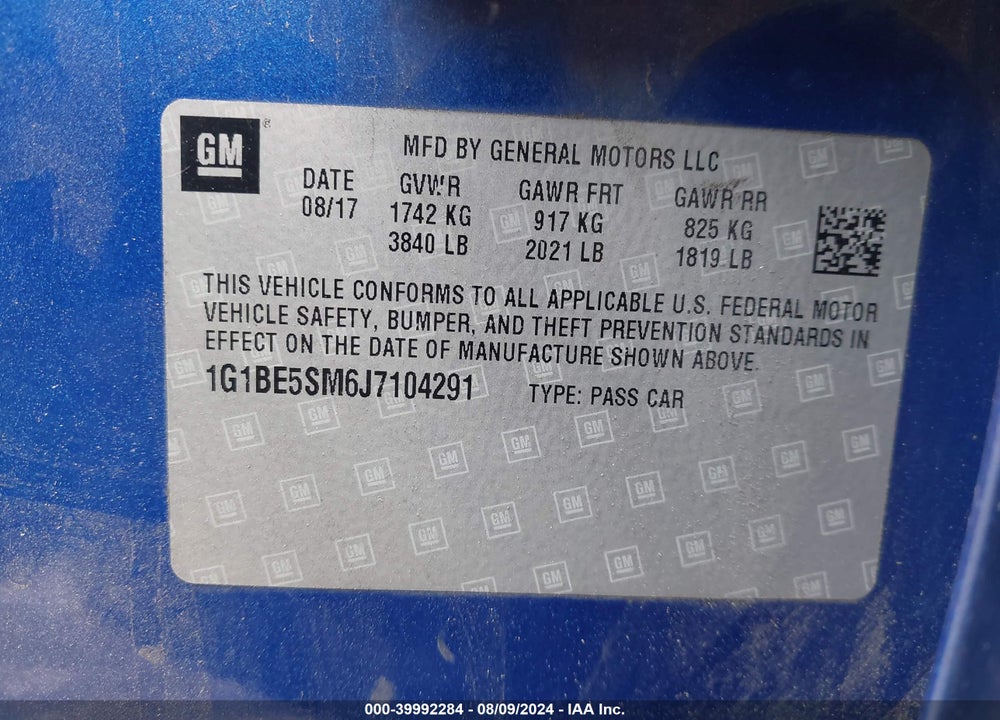 2018 CHEVROLET CRUZE LT AUTO VIN: 1G1BE5SM6J7104291