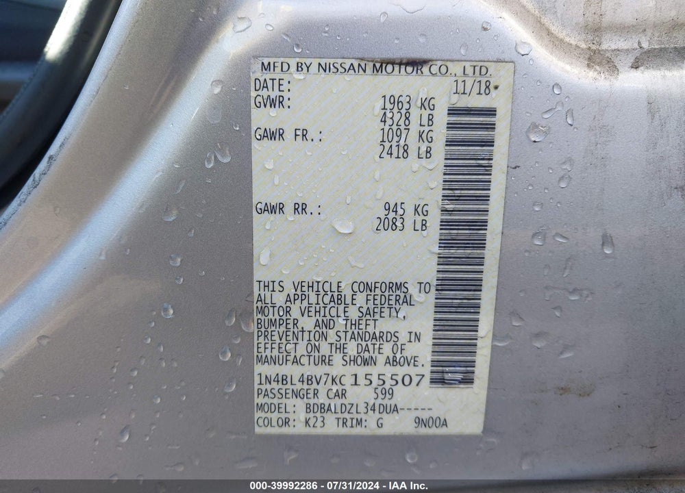 2019 NISSAN ALTIMA 2.5 S VIN: 1N4BL4BV7KC155507