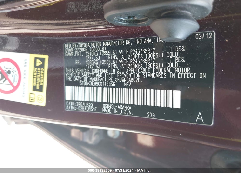 2012 TOYOTA HIGHLANDER SE V6 VIN: 5TDBK3EH9CS143856