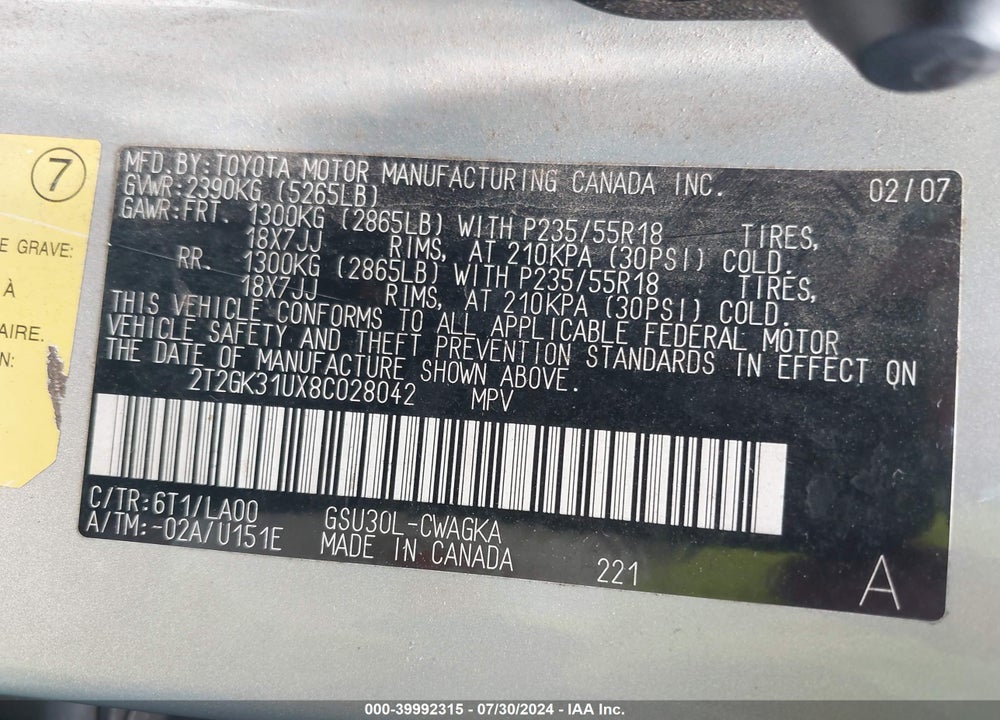 2008 LEXUS RX 350 VIN: 2T2GK31UX8C028042
