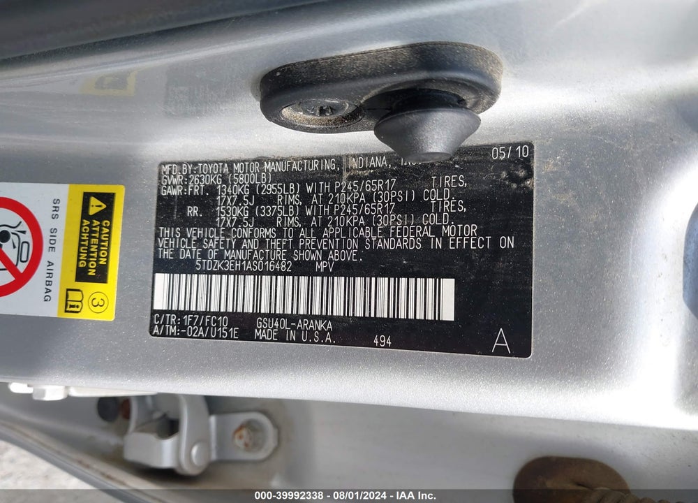 2010 TOYOTA HIGHLANDER BASE V6 VIN: 5TDZK3EH1AS016482