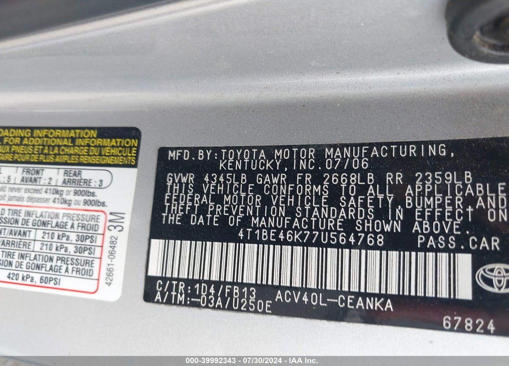 2007 TOYOTA CAMRY LE VIN: 4T1BE46K77U564768