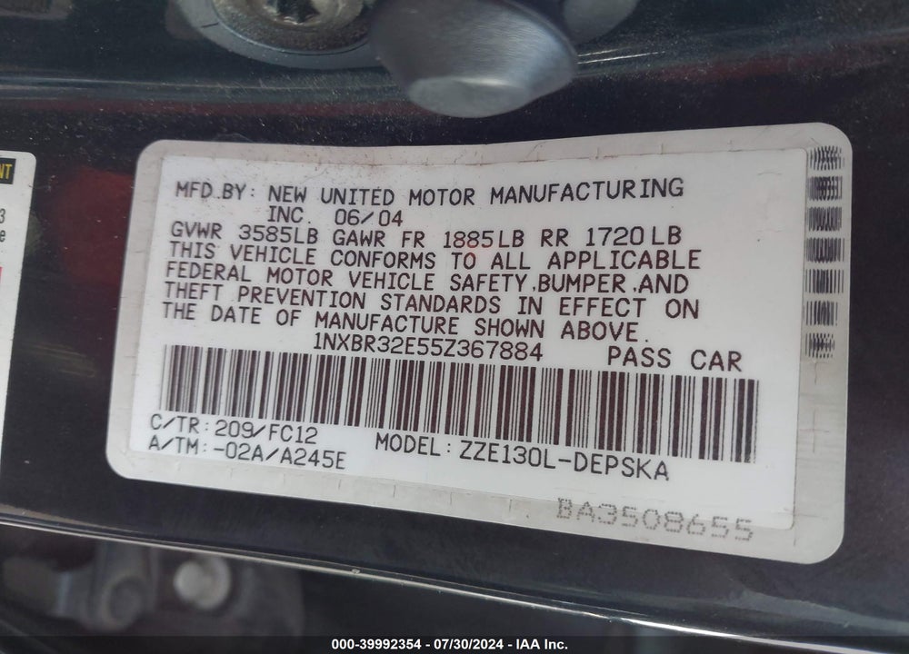 2005 TOYOTA COROLLA S VIN: 1NXBR32E55Z367884