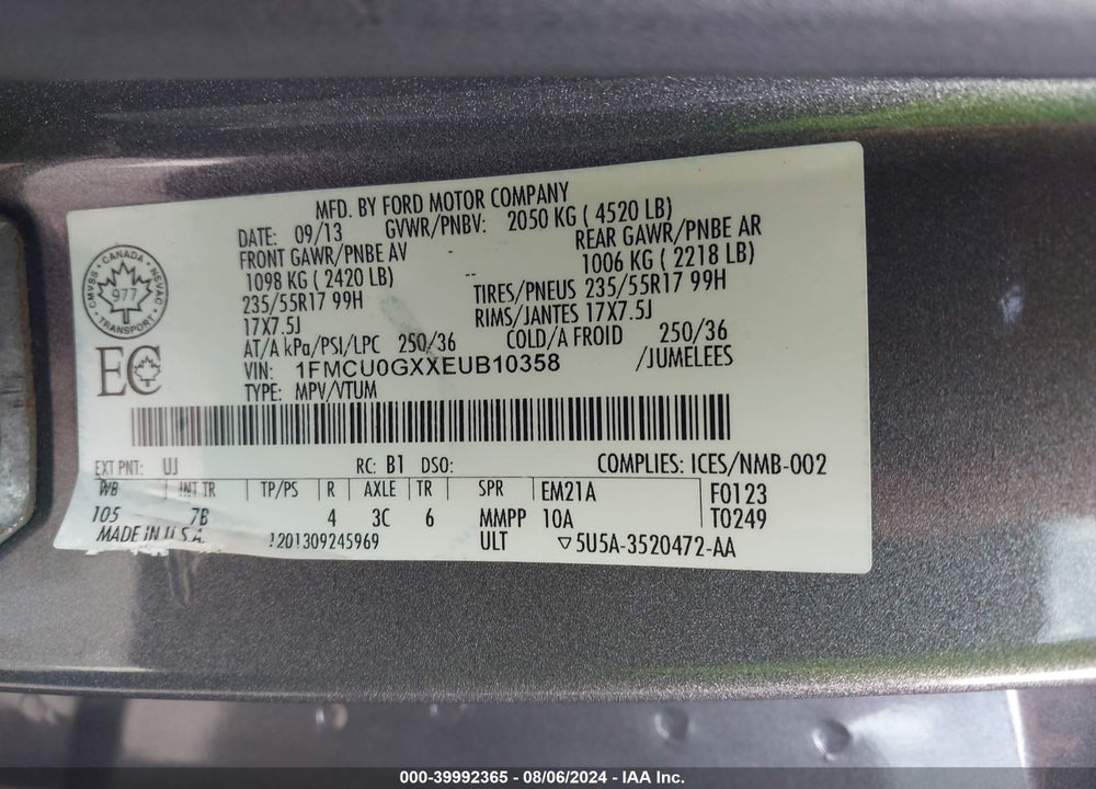 2014 FORD ESCAPE SE VIN: 1FMCU0GXXEUB10358