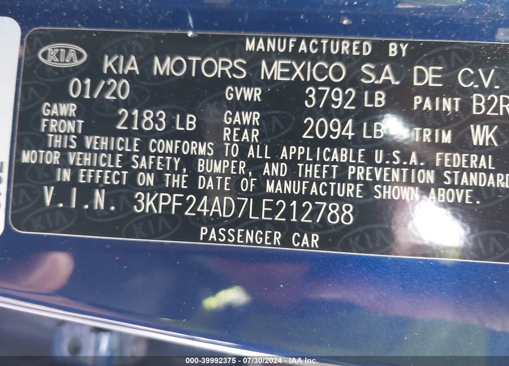 2020 KIA FORTE LXS VIN: 3KPF24AD7LE212788