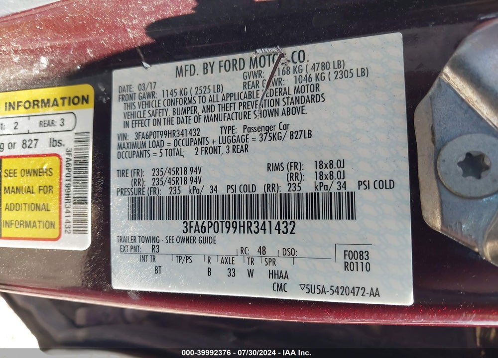 2017 FORD FUSION SE VIN: 3FA6P0T99HR341432