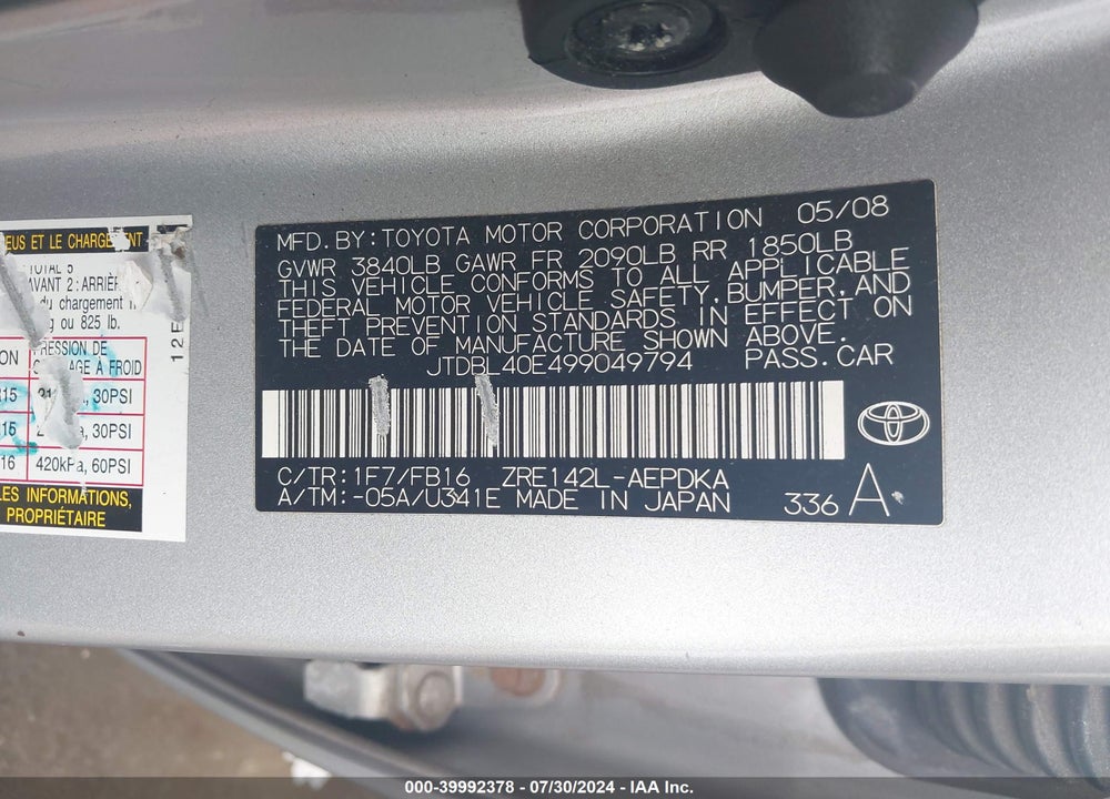 2009 TOYOTA COROLLA LE VIN: JTDBL40E499049794