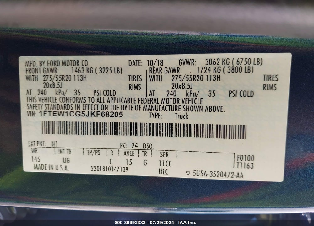 2018 FORD F-150 XLT VIN: 1FTEW1CG5JKF68205