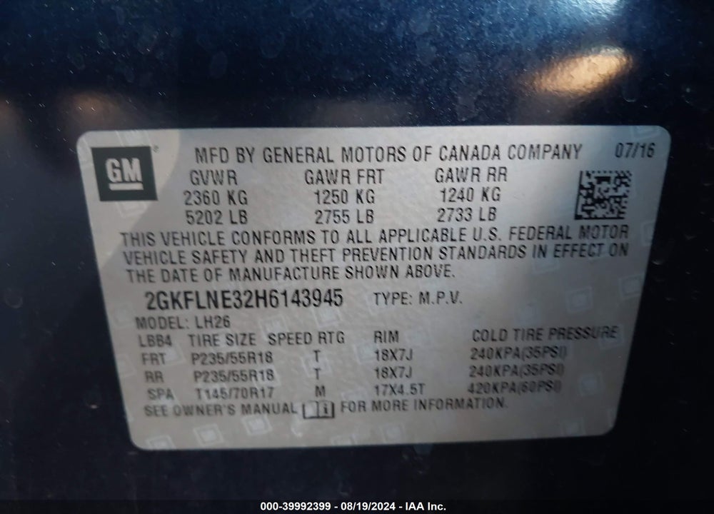 2017 GMC TERRAIN SLE-2 VIN: 2GKFLNE32H6143945