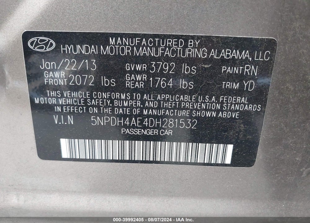 2013 HYUNDAI ELANTRA GLS VIN: 5NPDH4AE4DH281532
