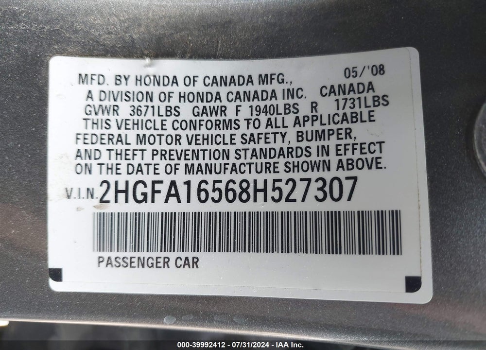 2008 HONDA CIVIC SDN VIN: 2HGFA16568H527307