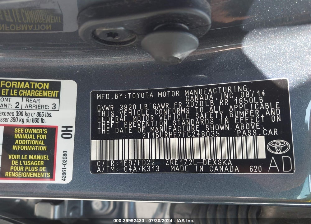 2015 TOYOTA COROLLA S PLUS VIN: 2T1BURHE7FC248035