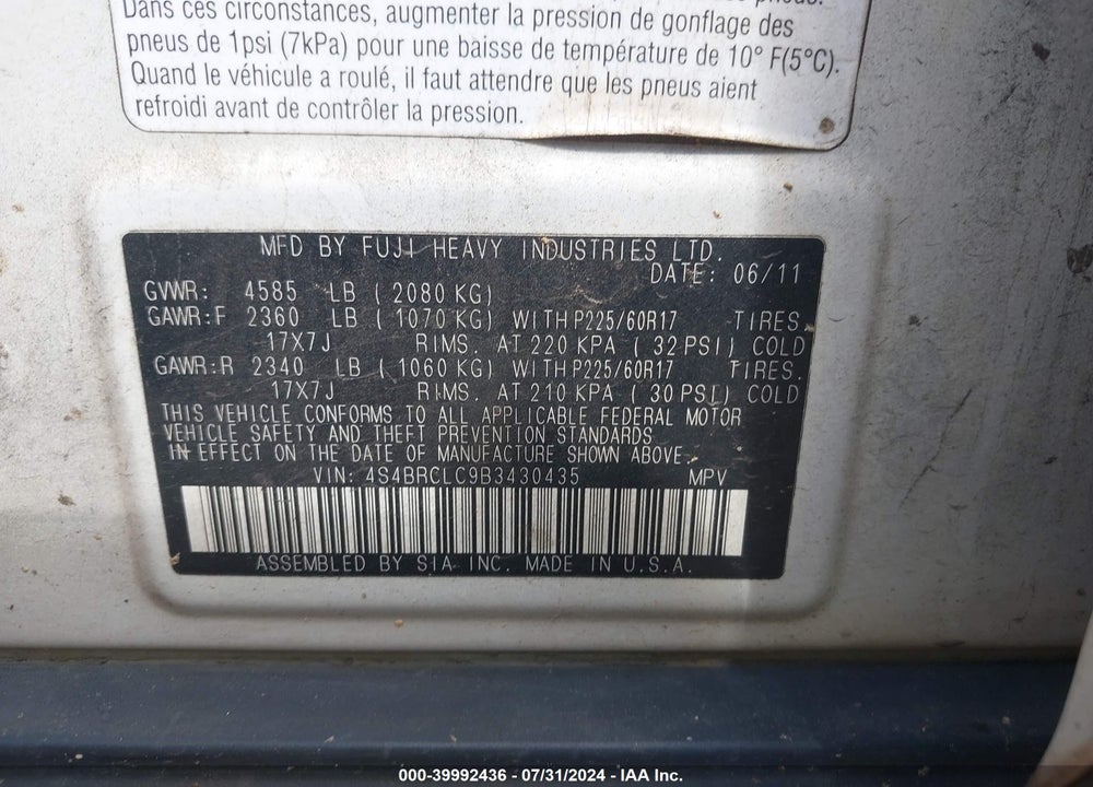 2011 SUBARU OUTBACK 2.5I LIMITED VIN: 4S4BRCLC9B3430435
