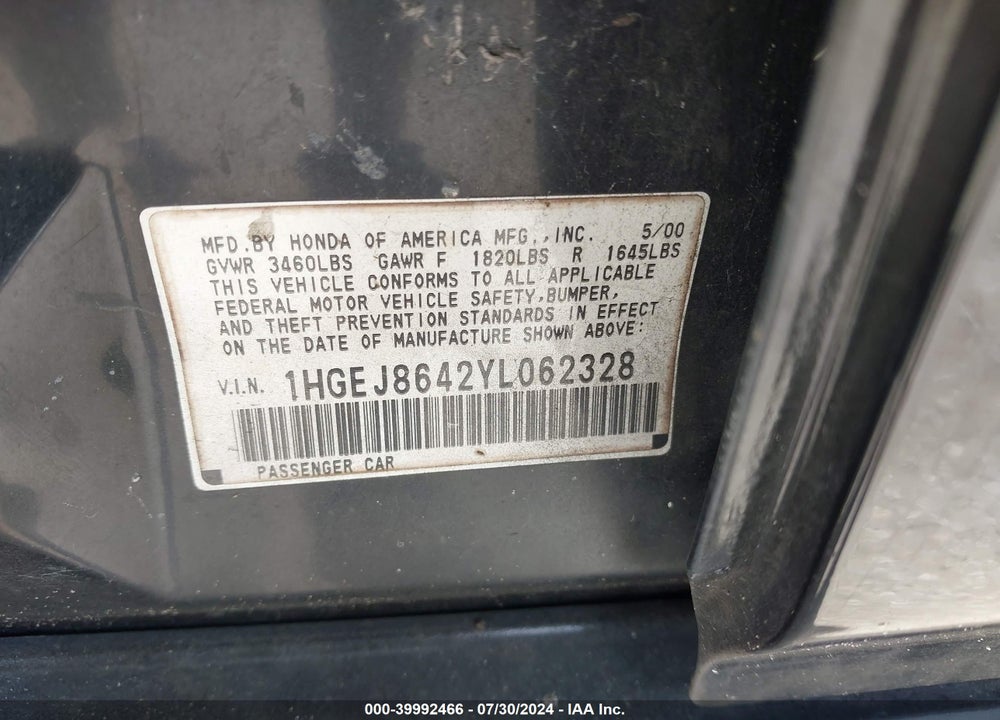 2000 HONDA CIVIC EX VIN: 1HGEJ8642YL062328