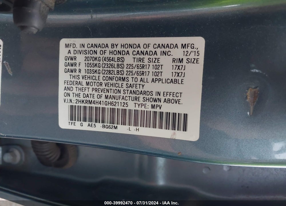 2016 HONDA CR-V SE VIN: 2HKRM4H41GH621125