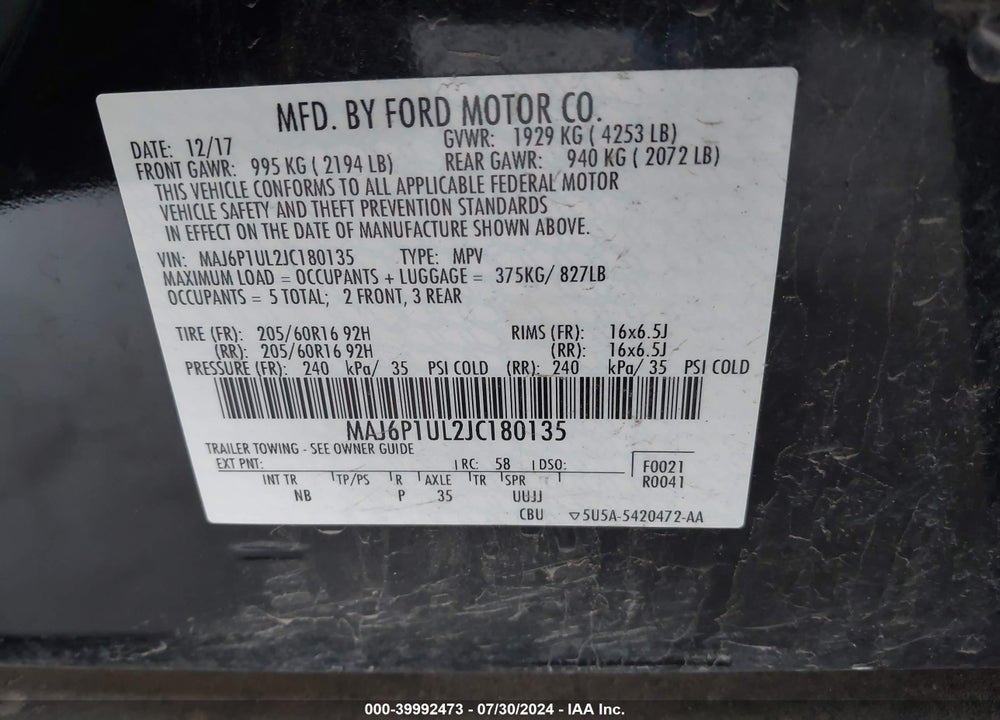 2018 FORD ECOSPORT SE VIN: MAJ6P1UL2JC180135