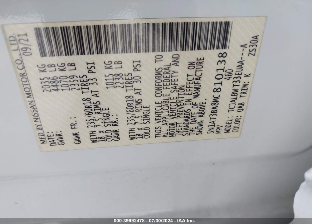 2021 NISSAN ROGUE SV FWD VIN: 5N1AT3BA8MC810138