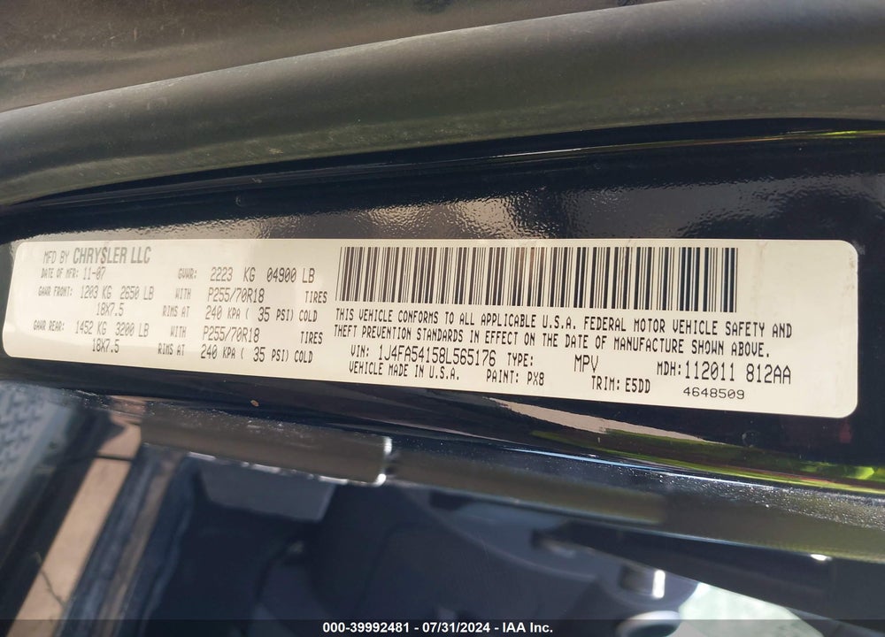 2008 JEEP WRANGLER SAHARA VIN: 1J4FA54158L565176
