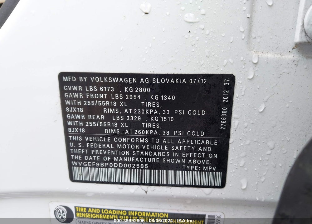 2013 VOLKSWAGEN TOUAREG VR6 SPORT VIN: WVGEF9BP0DD002585