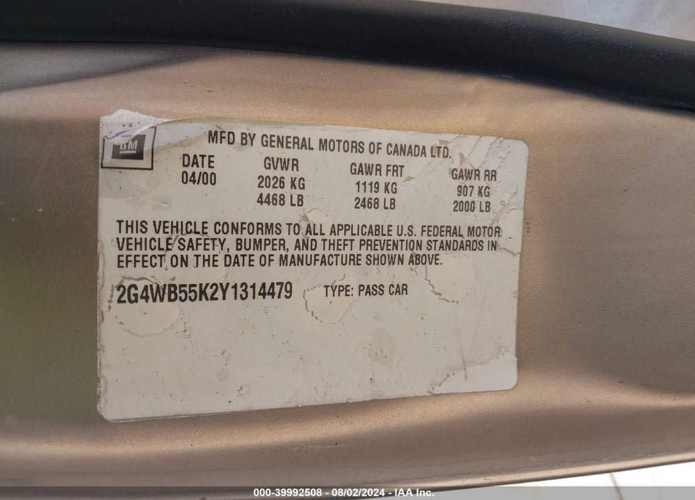 2000 BUICK REGAL LS VIN: 2G4WB55K2Y1314479