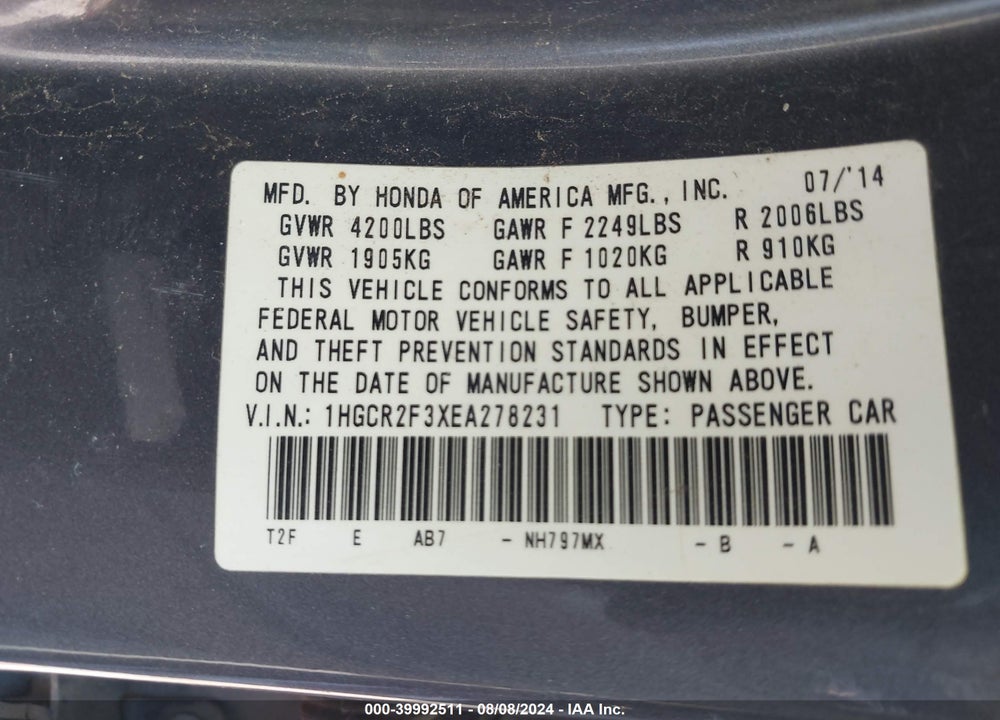 2014 HONDA ACCORD VIN: 1HGCR2F3XEA278231