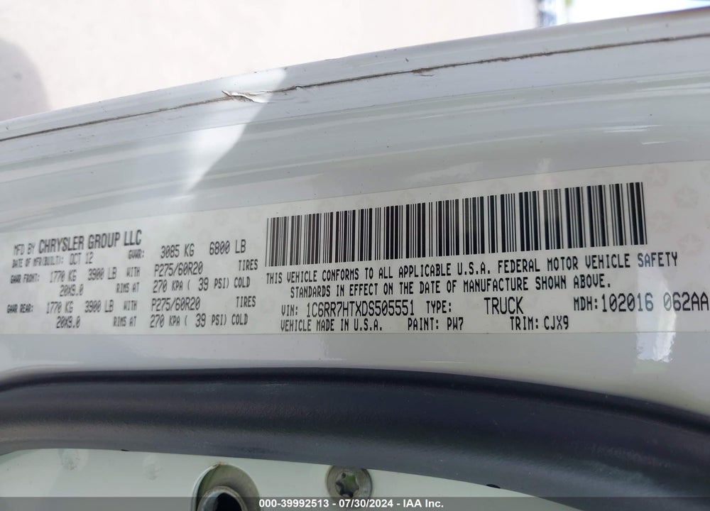 2013 RAM 1500 SPORT VIN: 1C6RR7HTXDS505551