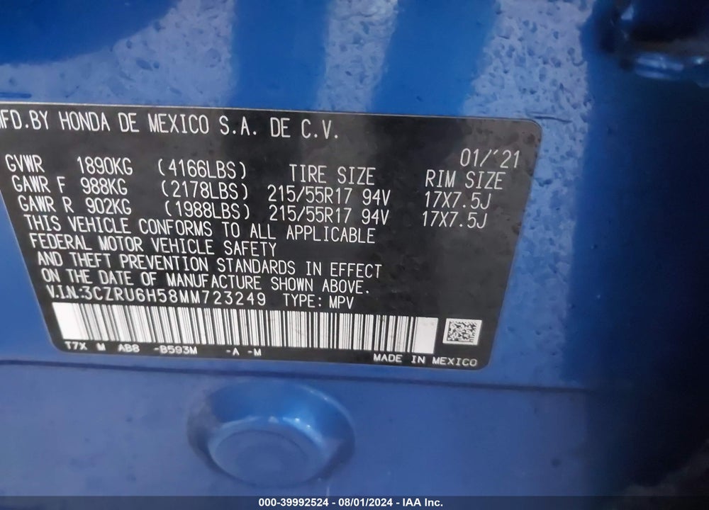 2021 HONDA HR-V AWD EX VIN: 3CZRU6H58MM723249