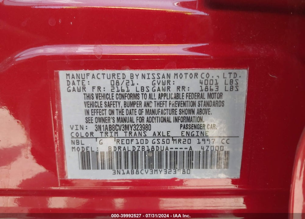 2021 NISSAN SENTRA SV XTRONIC CVT VIN: 3N1AB8CV3MY323980